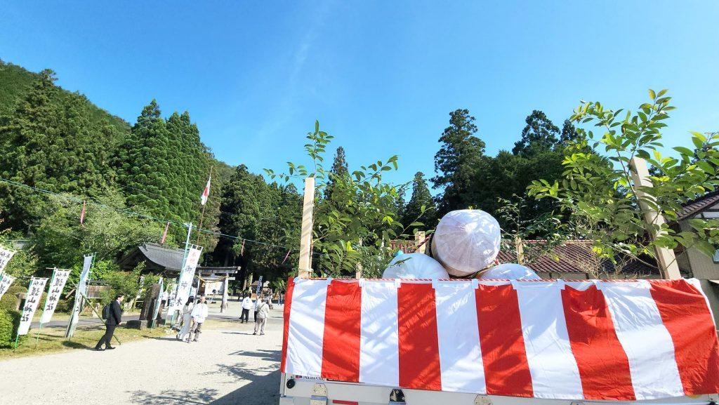 紅白幕がかけてある台に御神木が置かれている様子